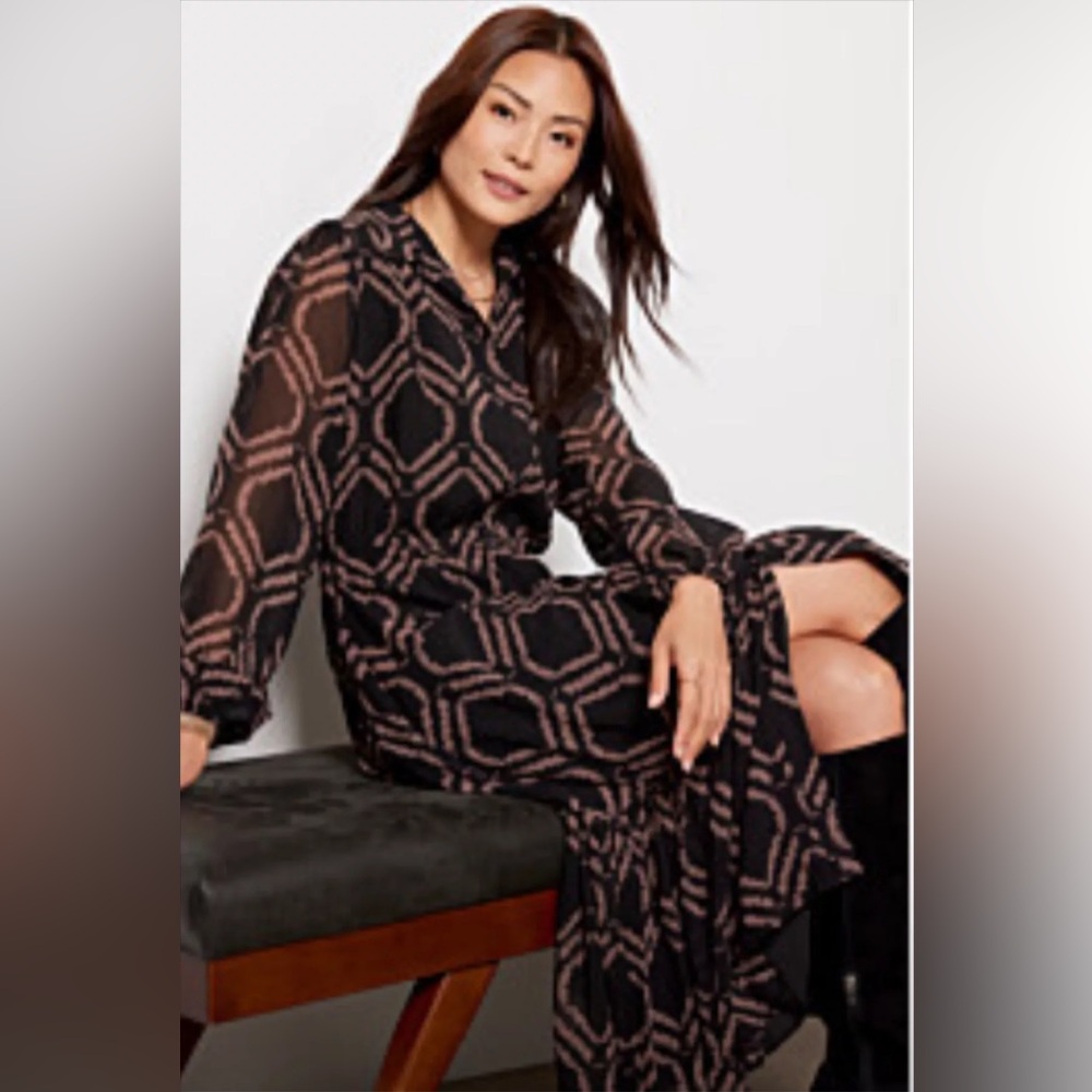 Evereve Geometric Print Long Sleeve Midi Dress – XS (NWOT)